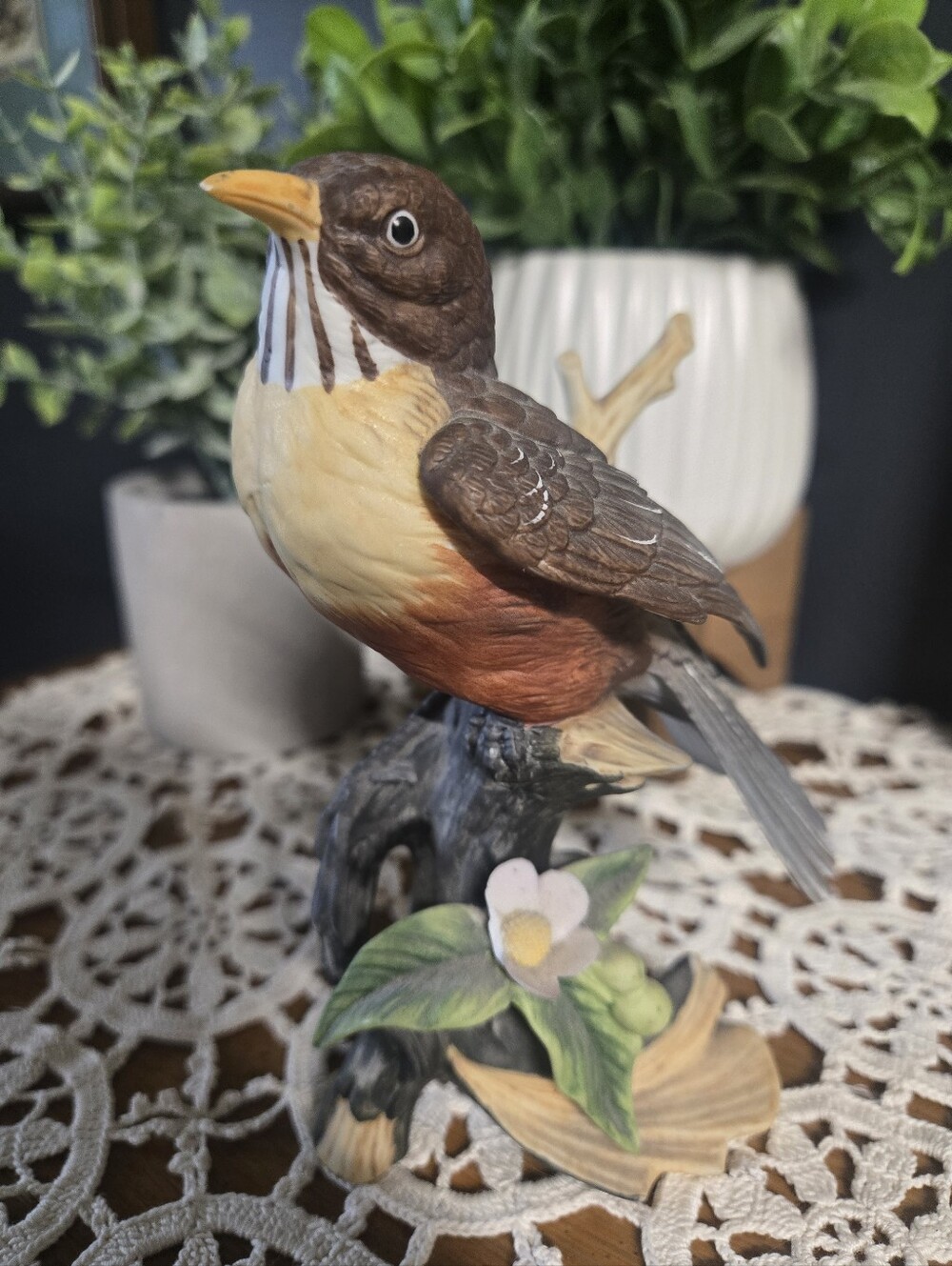 Robin Bird Figurine on Flowering Branch